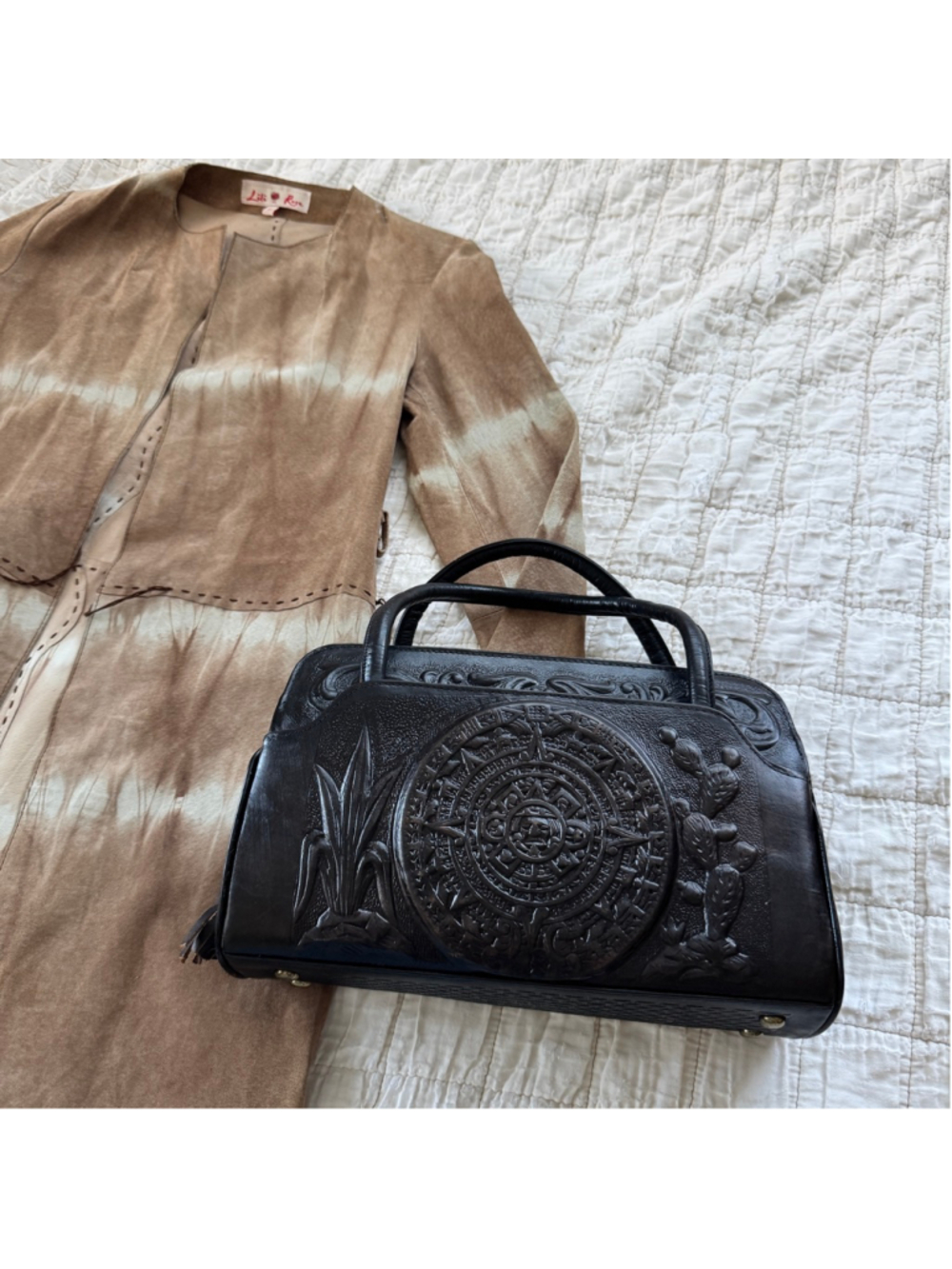 Tooled Leather Purse From Mexico • Intricate Rose, Bird, Aztec Calendar Designs